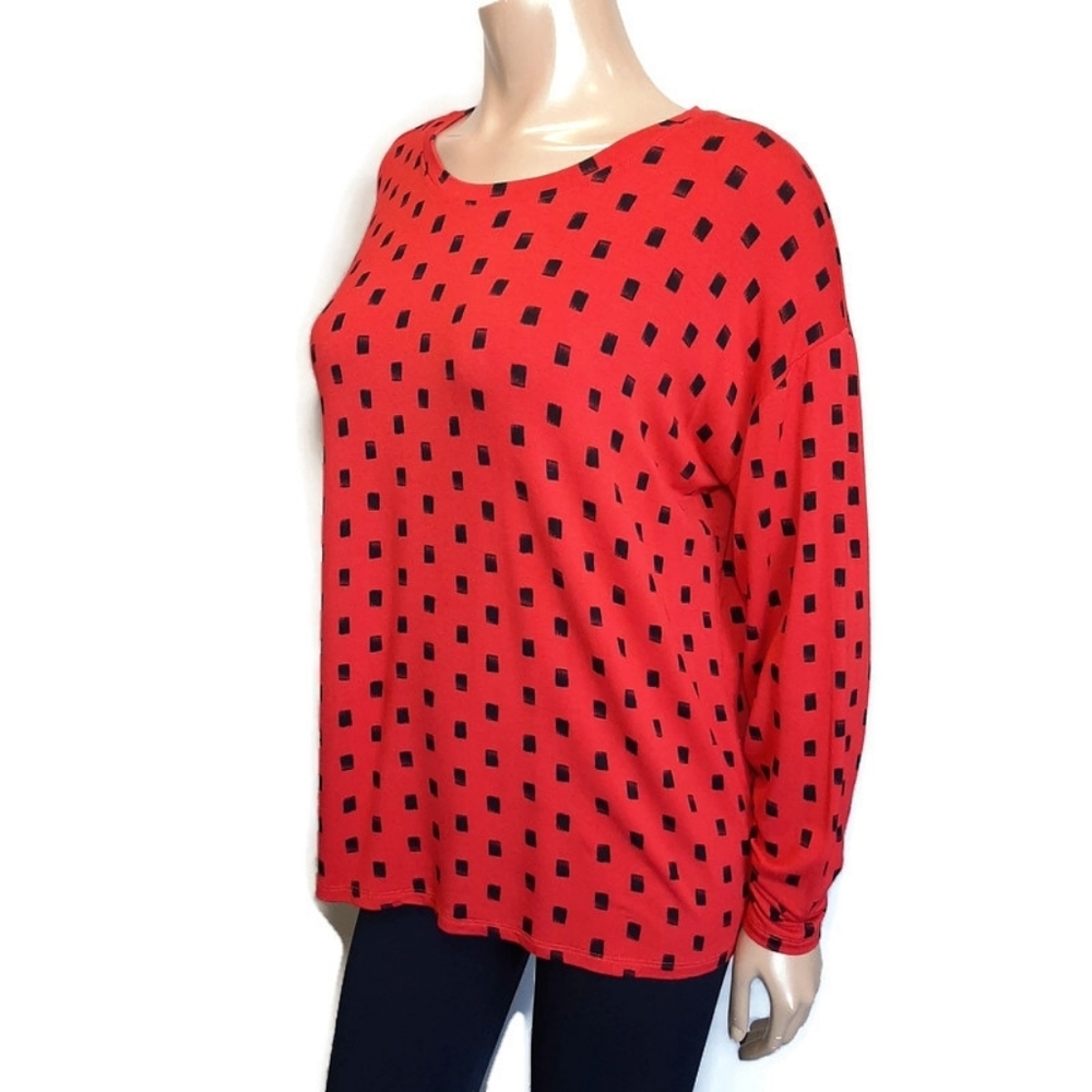 Kensie Patterned Long Sleeve Rayon Crew Neck Top Womens Size Medium Red